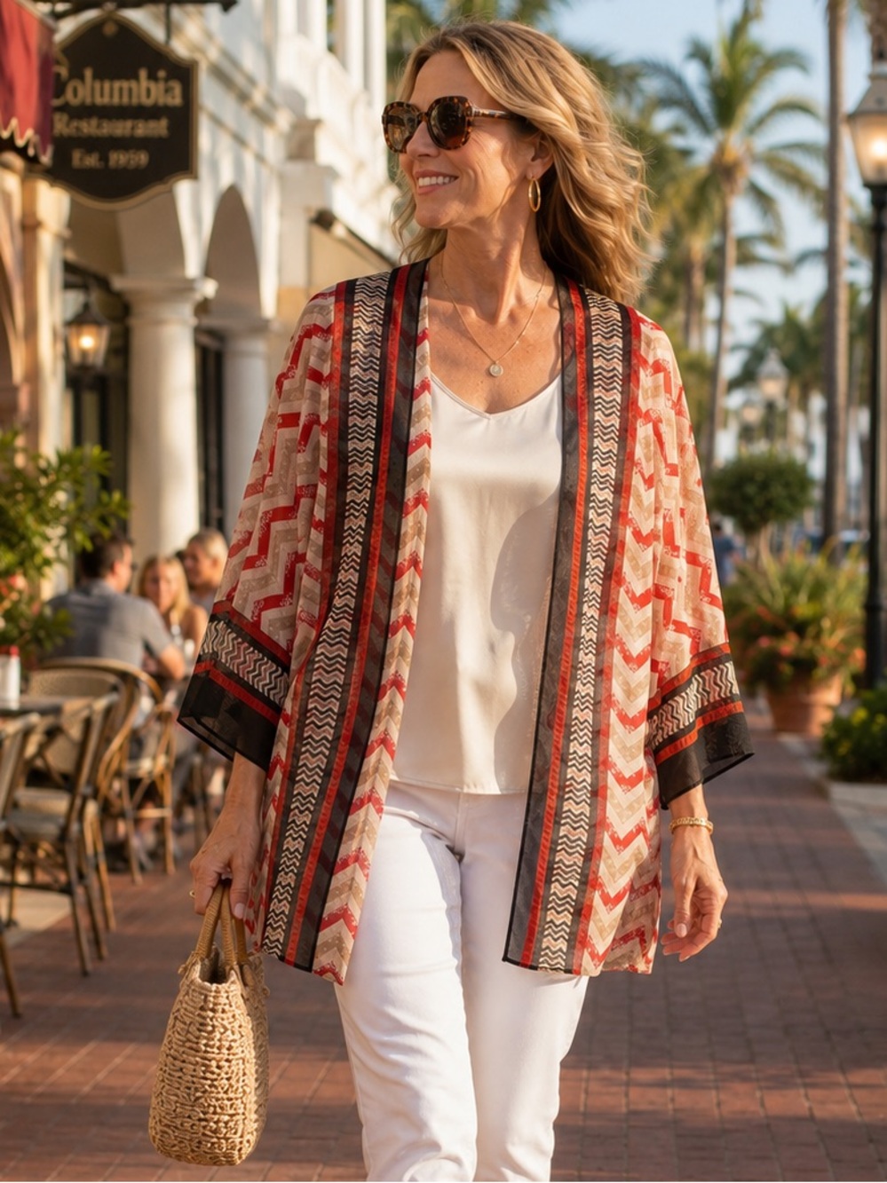 Chico's Zig Zag Border Jacket Saucy Red Chevron Sheer Open Front Topper 0 S NWT
